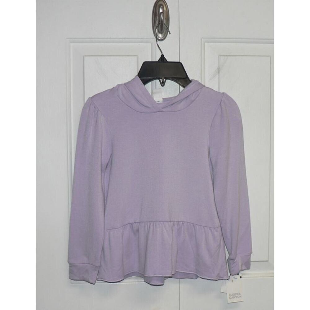 Harper Canyon Girls Cozy Ruffle Hem Long Sleeve Hooded Top Purple Petal Size 5
